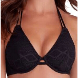 Freya Sundance Halter Bikini Top Black‎ Crochet Lace Woman Size 38D NWOT